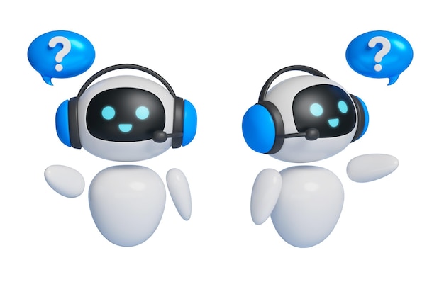 Grafica 3D di un personaggio robot AI che indossa un auricolare e fa domande