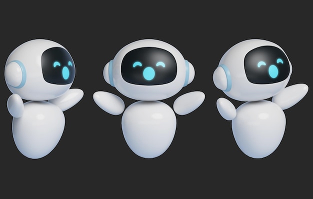 Gráfico 3D de um personagem robô de IA recebendo você com os braços abertos e um grande sorriso