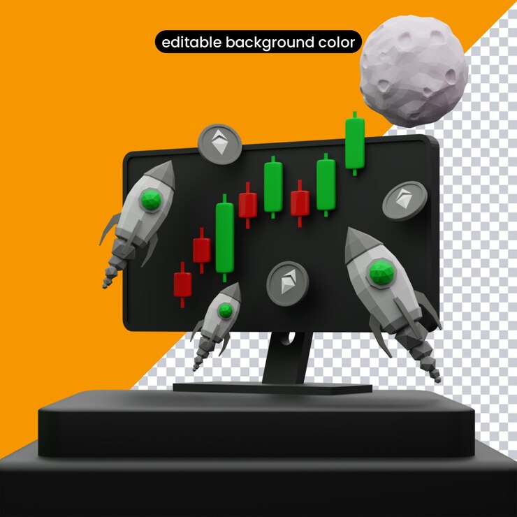 PSD gráfico 3d de ethereum a la luna con cohete