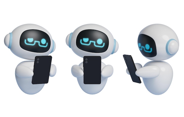 Gráfico 3D de un personaje robot de IA mirando la pantalla táctil