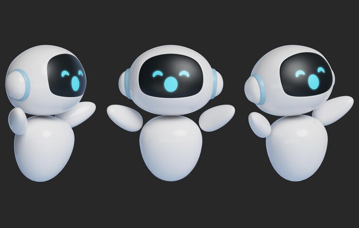 PSD gráfico 3d de un personaje robot de ia que te da la bienvenida con los brazos abiertos y una gran sonrisa
