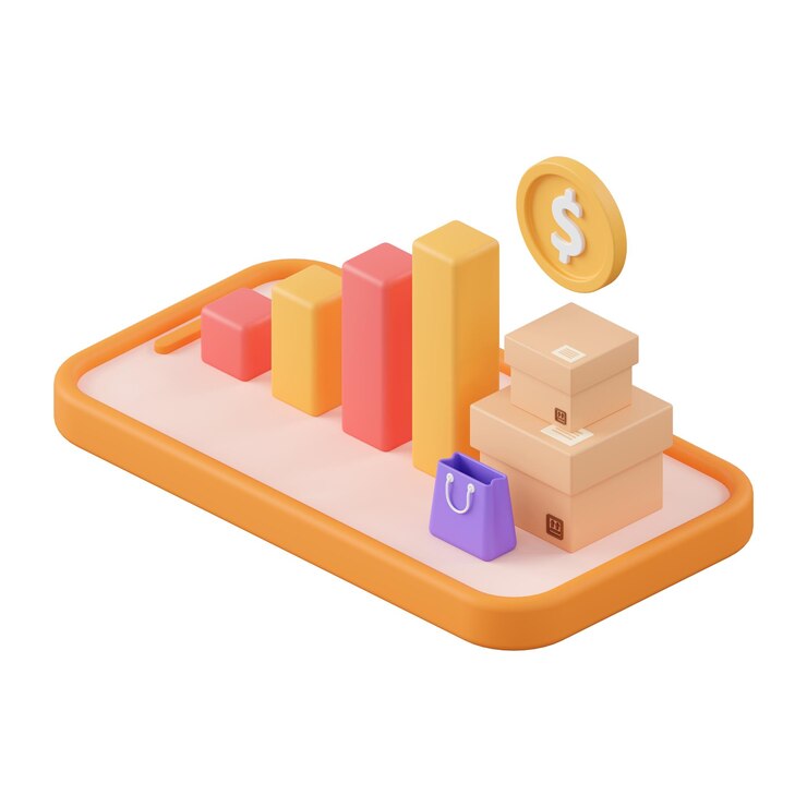 PSD grafico a barre con scatola di pacchi sullo smartphone illustrazione 3d del marketing di affiliazione di icon