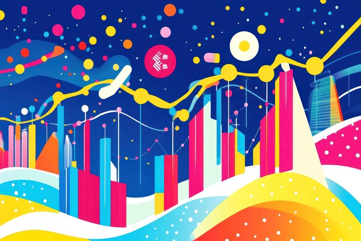 PSD gráfico abstractamente colorido que muestra los datos de crecimiento y el progreso en un paisaje ondulado