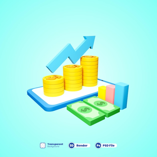 Gráfico de acciones de crecimiento 3d con monedas que invierten icono con teléfono móvil