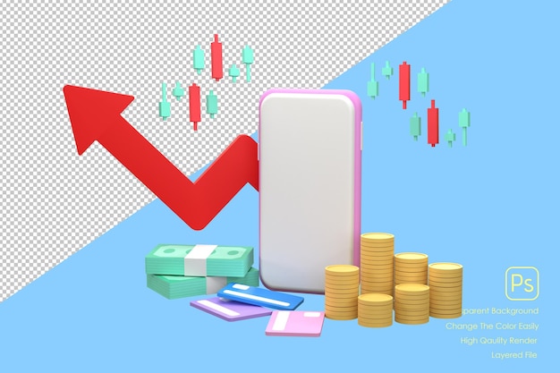 Gráfico de acciones de pantalla de teléfono inteligente 3D y monedas tarjeta de crédito Business Financial onlinexA