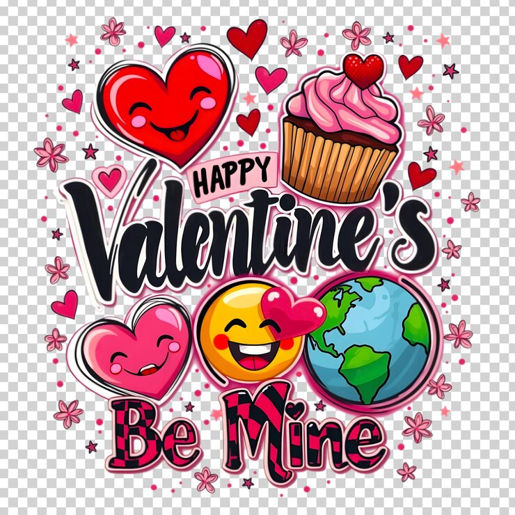 PSD grafico allegro di happy valentines con stelle fiori cupcake e elementi divertenti
