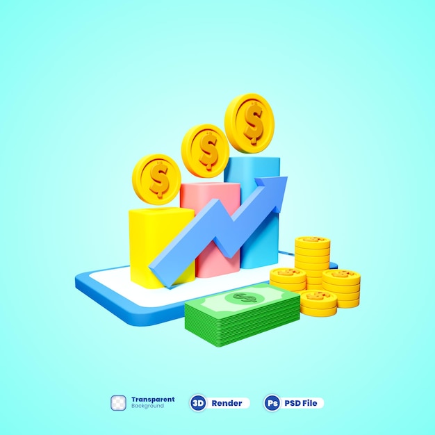 Grafico azionario di crescita 3D con monete che investono icona con il telefono cellulare