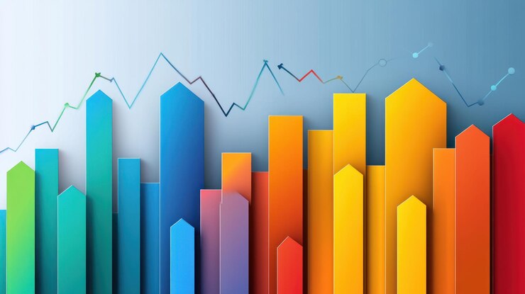 PSD gráfico de barras 3d colorido y gráfico de líneas que ilustran el crecimiento y la fluctuación de los datos