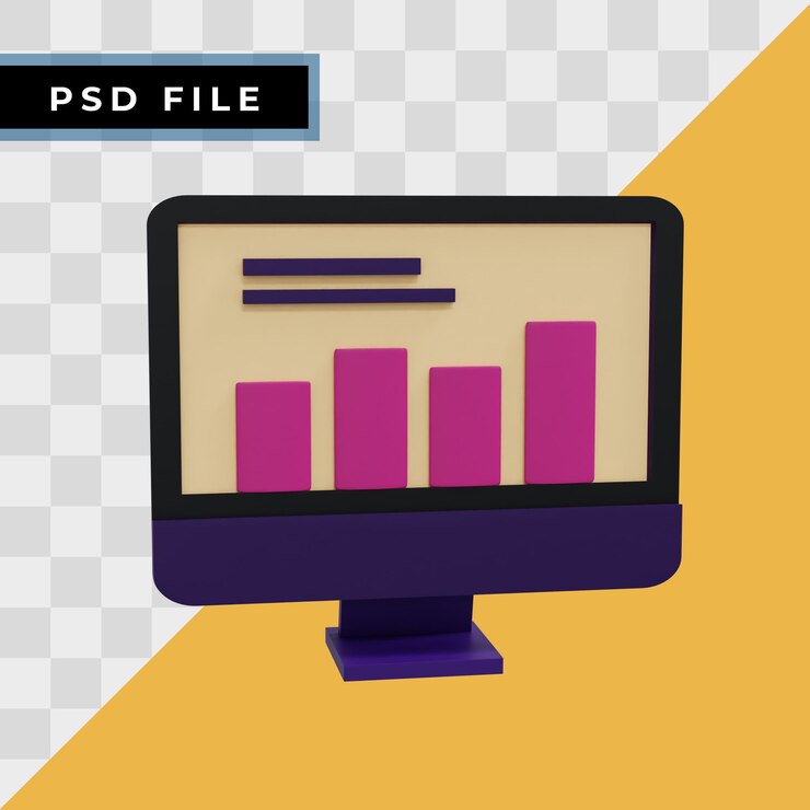 PSD gráfico de barras 3d en el monitor de la computadora icono de diagrama de ilustración para presentación de negocios