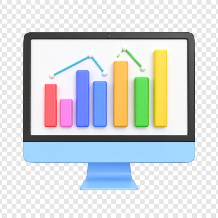 PSD gráfico de barras colorido mostrado en un monitor de computadora azul claro