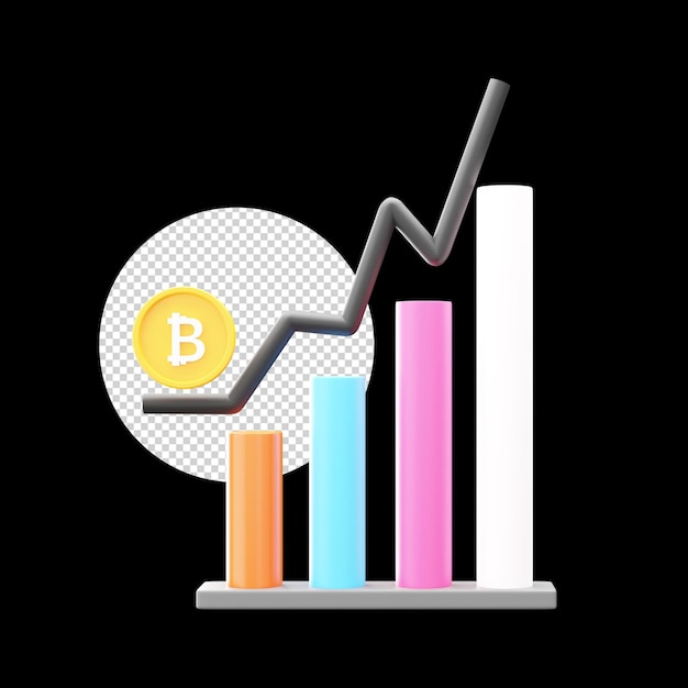 Gráfico de barras creciente bitcoin 3d ilustración colorida sobre fondo negro