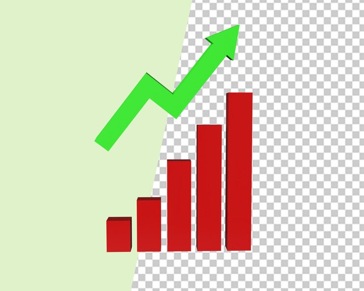PSD gráfico de barras con crecimiento flecha verde 3d render