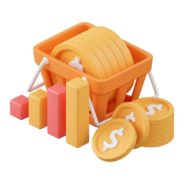Gráfico de barras con moneda en la canasta Ilustración 3D de marketing de afiliación de íconos