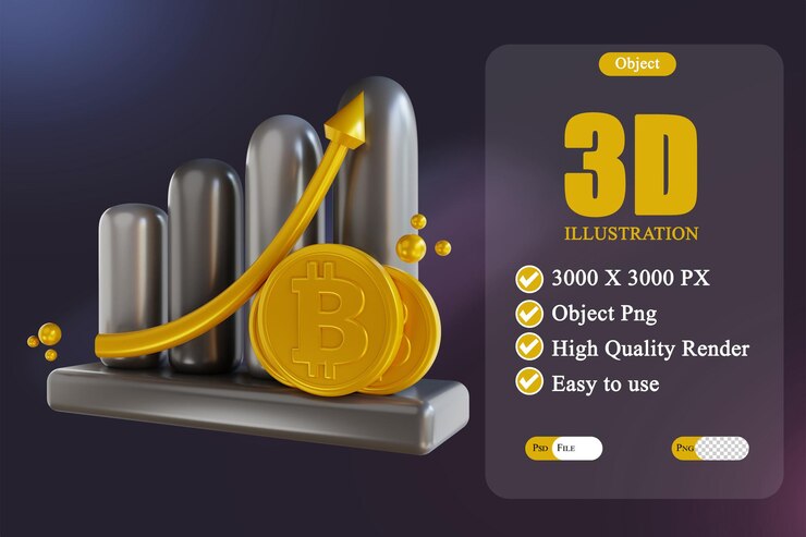 PSD gráfico de bitcoin de ilustración 3d en aumento