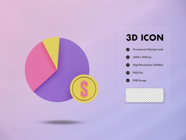 Gráfico circular 3D e icono de moneda de dólar 3d renderizar ilustración