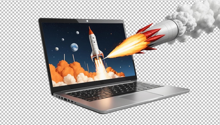 PSD un gráfico de un cohete despegando desde una computadora portátil