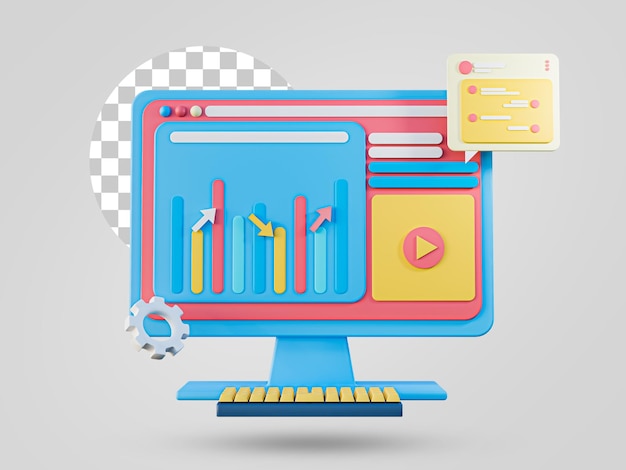 Grafico commerciale con grafici degli elementi del mercato dei dati aziendali dell'icona 3d del computer