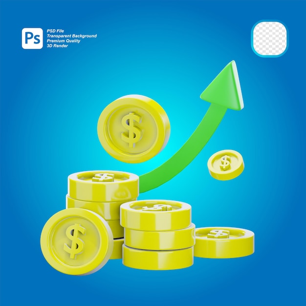 PSD gráfico de crecimiento 3d y icono de moneda de oro aislado en fondo transparente ilustración 3d