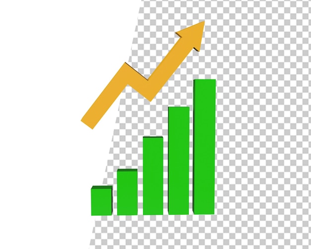 Gráfico de barras com renderização 3d de seta de ouro de crescimento