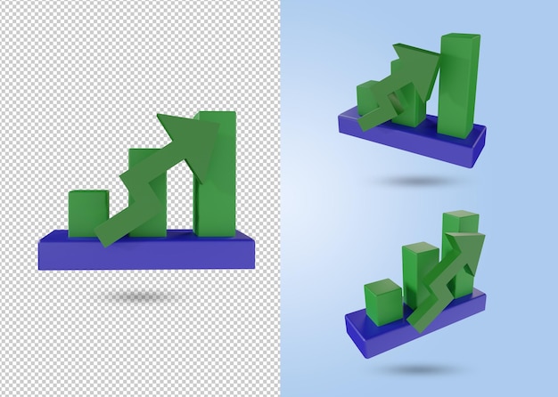 Gráfico de barras com seta para cima aumentando o estoque e o conceito de lucro renderização em 3d arquivo psd