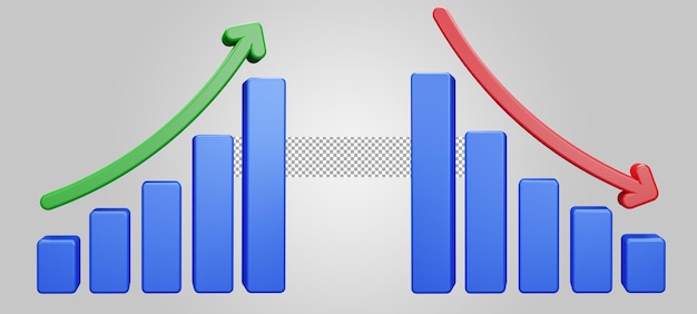 PSD gráfico de barras de crescimento. gráfico de barras de declínio. isolado em fundo cinza. renderização 3d
