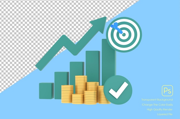 PSD gráfico de barras de lucro de seta ascendente verde 3d e escudo com vários arranjos de moedas