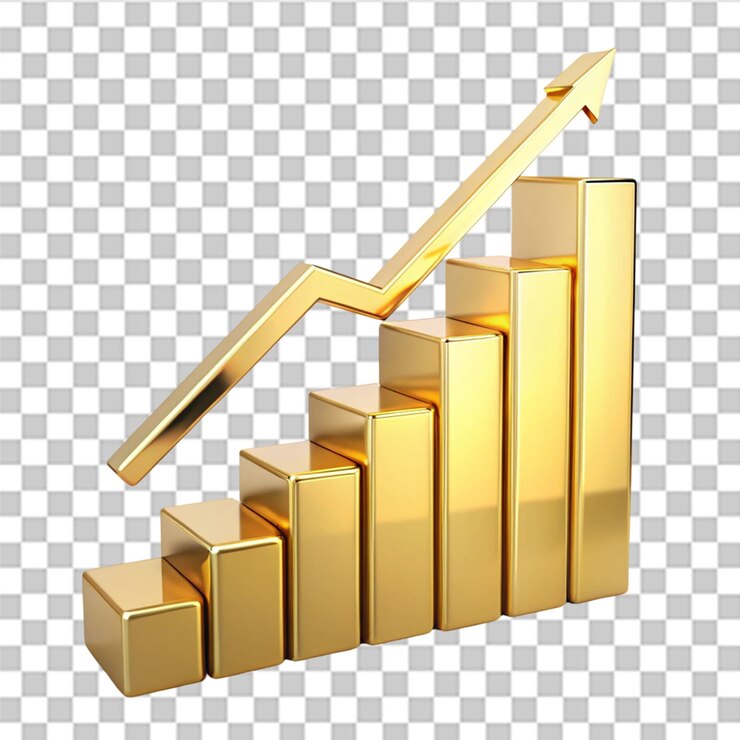 PSD gráfico de barras dourado com gráfico de linhas para ícone de dados financeiros isolado em fundo transparente