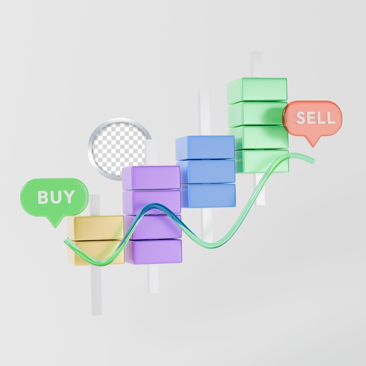 PSD gráfico de candlestick icon 3d com mercado de ações venda e compra