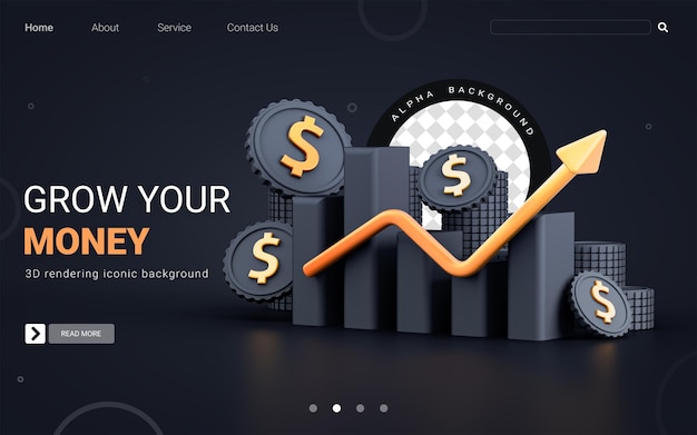 Gráfico de crescimento de dinheiro financeiro empresarial em fundo escuro para conceito de renderização 3d do modelo da web de capa