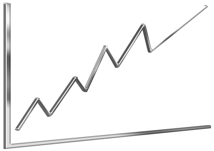 PSD gráfico de linhas 3d com tendência ascendente com efeito metálico de prata representando ganhos financeiros