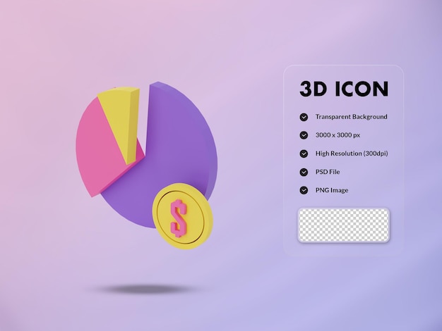 gráfico de pizza 3D e ícone de moeda de dólar 3d render ilustração