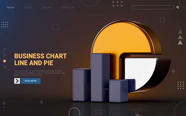 Gráfico de pizza de negócios e ícone de linha no conceito de renderização 3d de fundo escuro para analisar aumentar o lucro