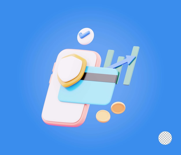 Grafico di crescita della banca mobile per smartphone con scudo di spunta e illustrazione dell'icona della moneta
