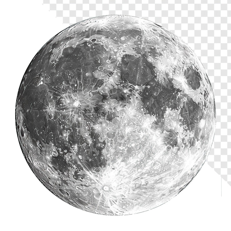 PSD grafico di luna piena in bianco e nero isolato su uno sfondo trasparente