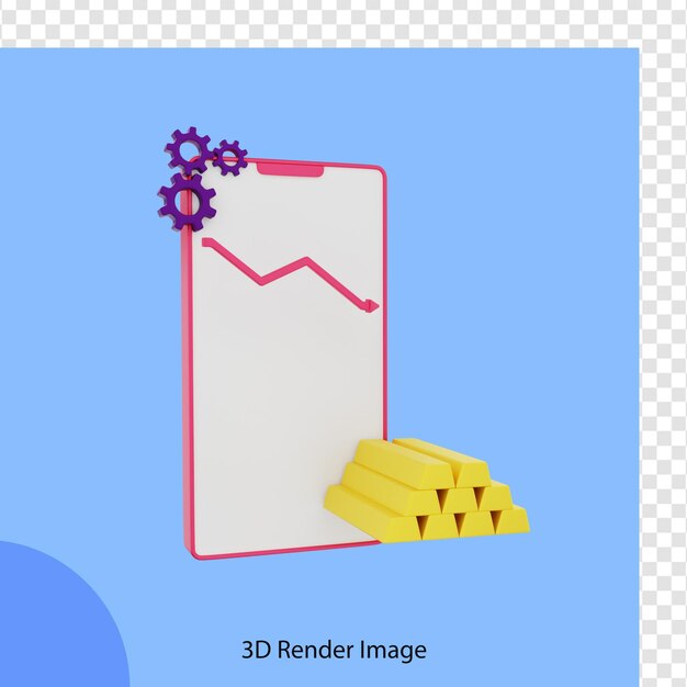 El gráfico de inversión de representación financiera 3d se ve en el lingote de oro móvil hacia abajo