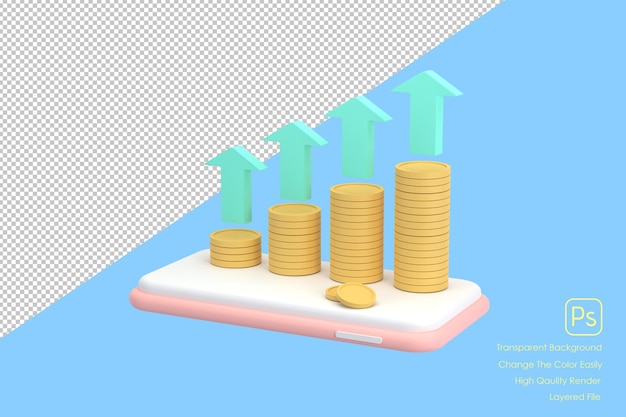 Gráfico de monedas 3D en un concepto de teléfono móvil de gestión financieraxAxA