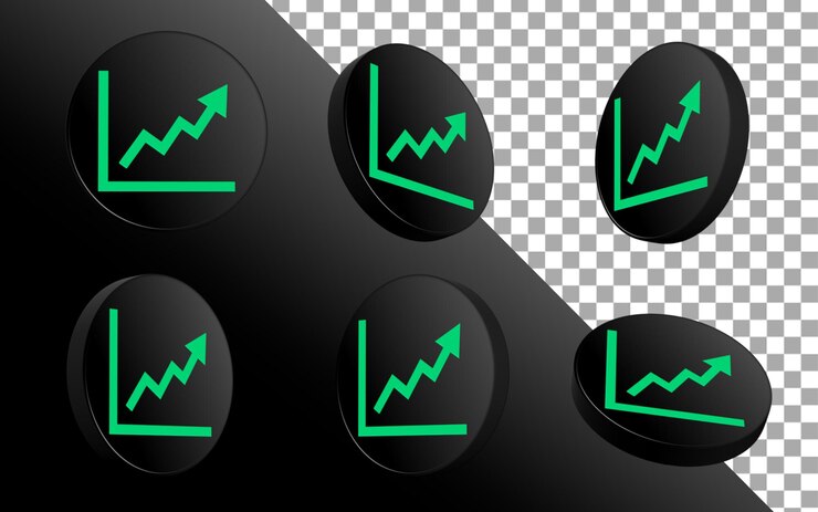 gráfico para cima seta comprar símbolos de negociação criptomoeda ícone de moeda 3d plástico render ilustração