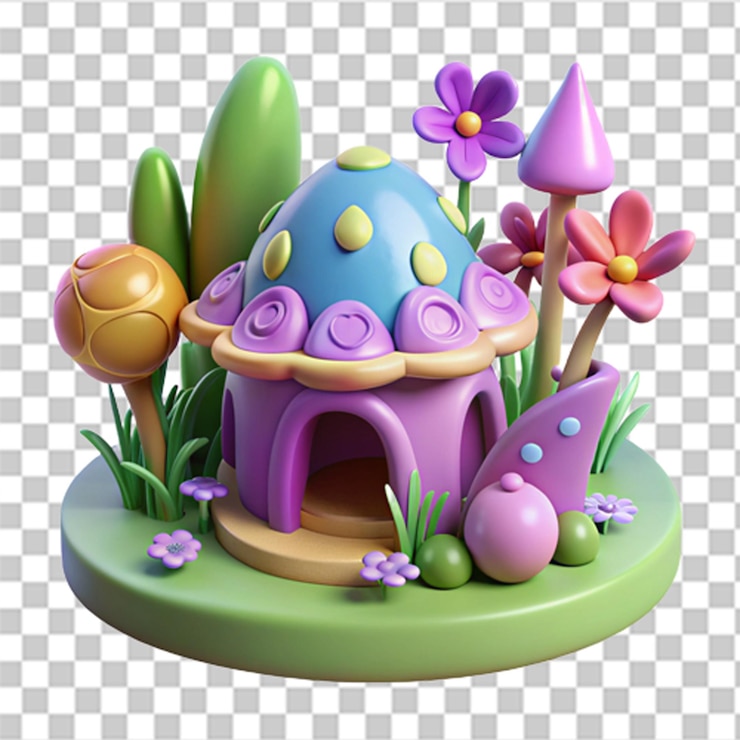 PSD gráfico plástico 3d detalhado de um jardim de fadas caprichoso com flora colorida e texturas brilhantes