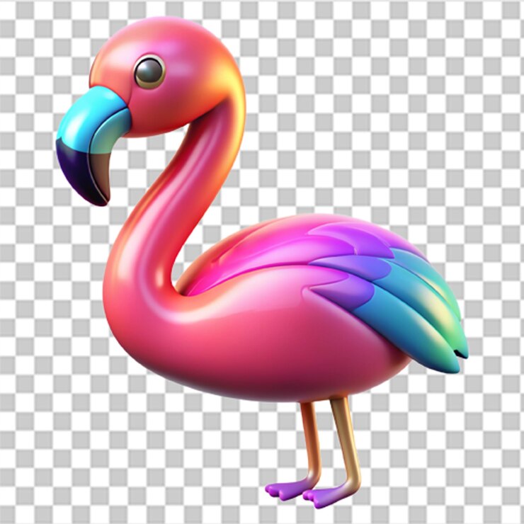 PSD gráfico plástico 3d detallado de un flamenco vibrante con plumas brillantes y reflejos realistas