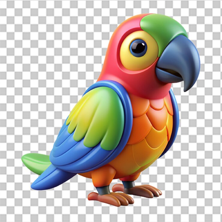 PSD gráfico de plástico 3d detallado de un loro vibrante con plumas brillantes y reflejos realistas
