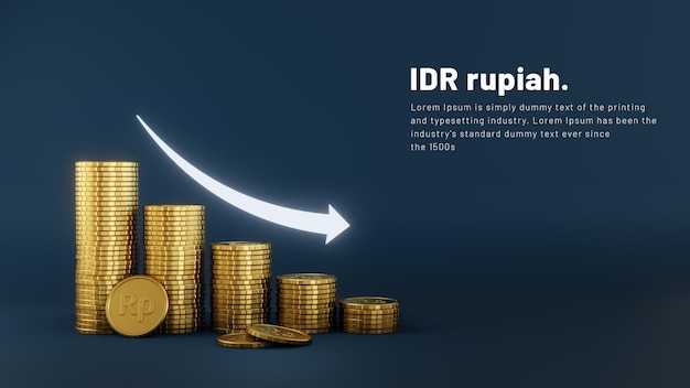 Gráfico reductor de pila de monedas de rupias IDR con flecha apuntando hacia abajo representación 3d