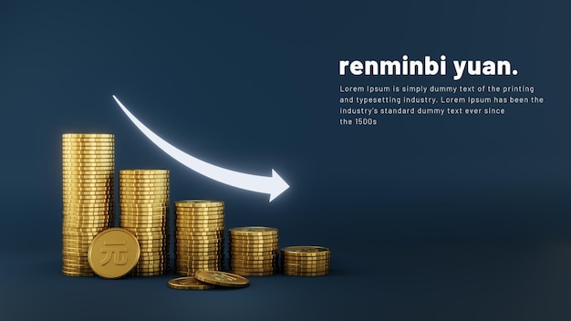 Gráfico reductor de pila de monedas de yuan renminbi chino con flecha apuntando hacia abajo representación 3d