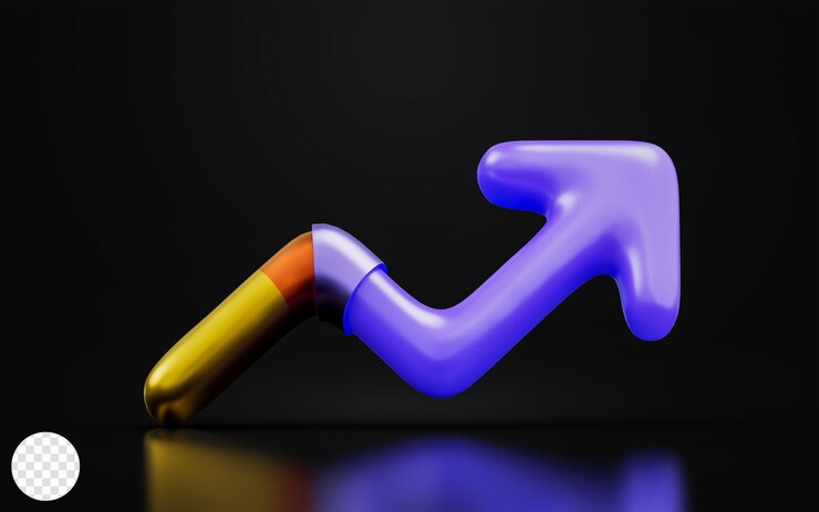 PSD gráfico de signo de flecha hacia arriba sobre fondo oscuro 3d render concepto para aumentar el crecimiento de los beneficios indican