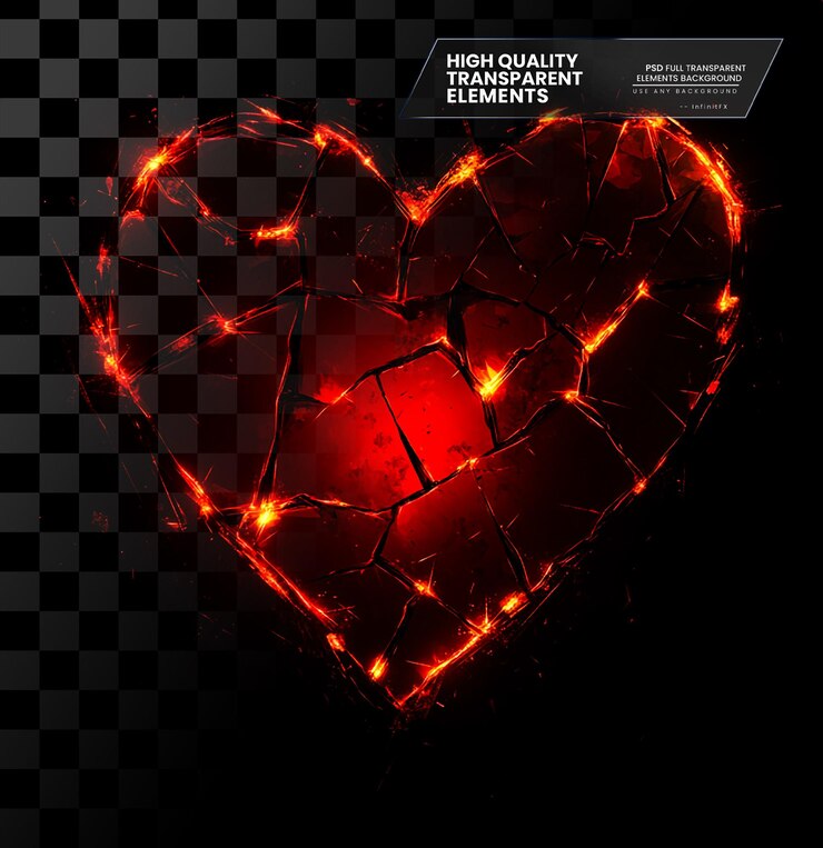 PSD gráfico vectorial de corazón destrozado en brillo rojo oscuro sobre un fondo transparente