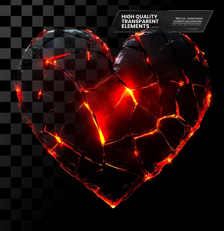 PSD gráfico vectorial de corazón destrozado en brillo rojo oscuro sobre un fondo transparente