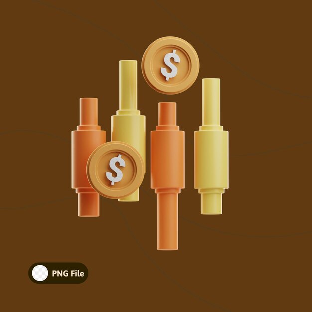 Gráfico de velas 3D con concepto de comercio financiero de monedas de dólar