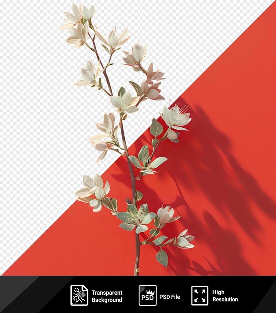 PSD les graines de psd andrographis paniculata sont affichées sur un fond rouge accompagnées de fleurs blanches et d'une feuille verte avec un mur rouge en arrière-plan jetant une ombre sombre