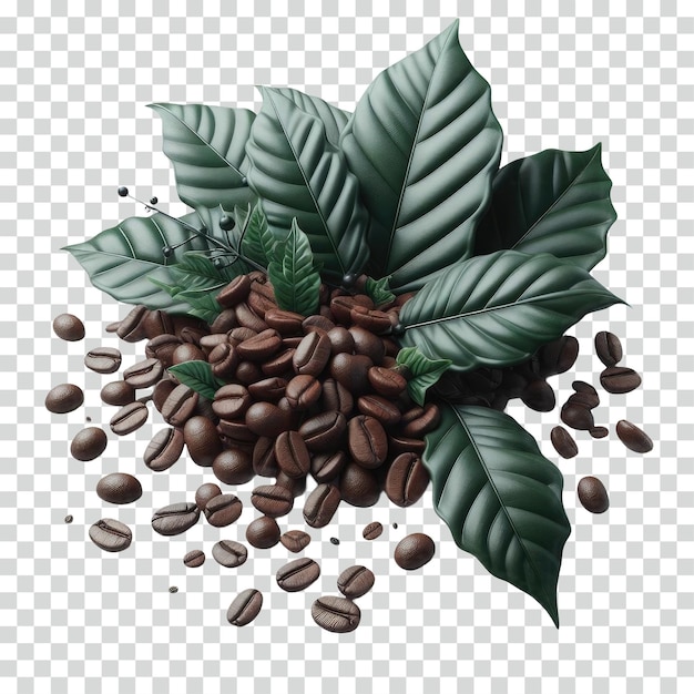PSD grains de café avec des feuilles sur un fond transparent