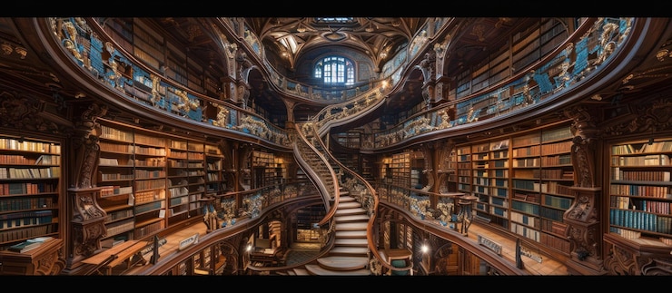 PSD una gran biblioteca adornada con una amplia escalera y estanterías llenas de libros