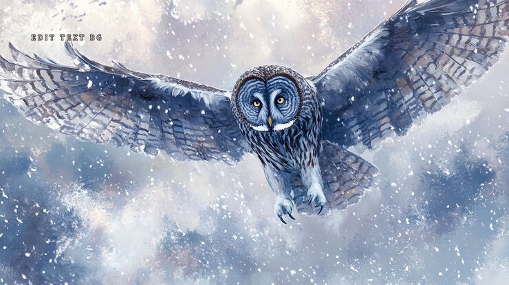 PSD el gran búho gris en vuelo durante una tormenta de nieve